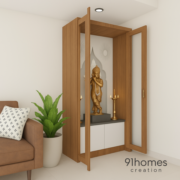 Compact home temple in matte finish wood with soft lighting and spiritual décor
