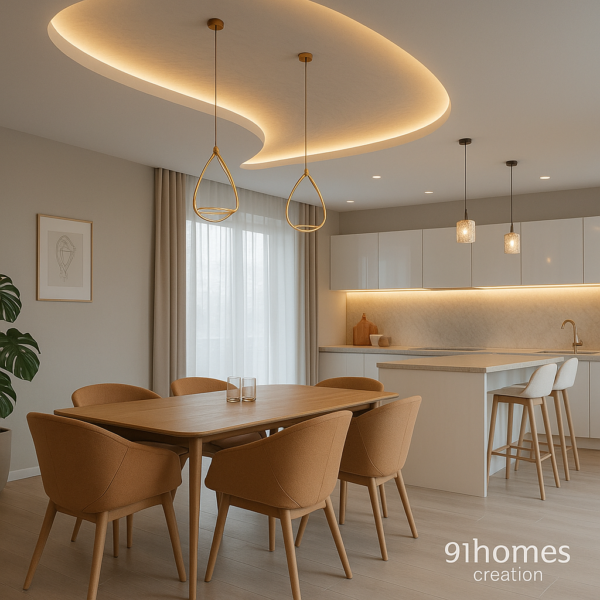 Modern gypsum false ceiling with curved design and warm lighting
