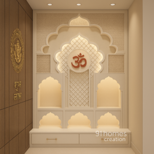 Off-white pooja mandir with jali panel and glowing Om symbol