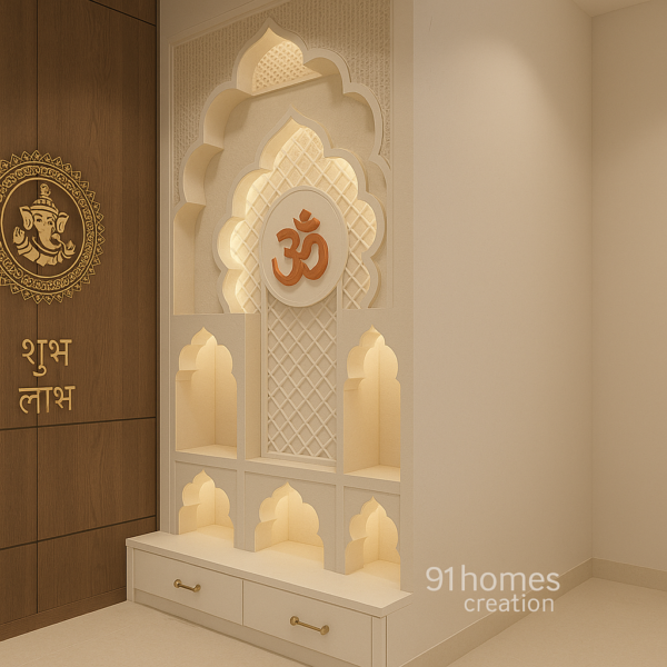 Modern Indian temple unit with arches, drawers and warm LED lighting