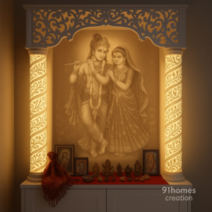 Backlit carved pillar Radha Krishna mandir with warm lighting and ornate Radha Krishna arch.