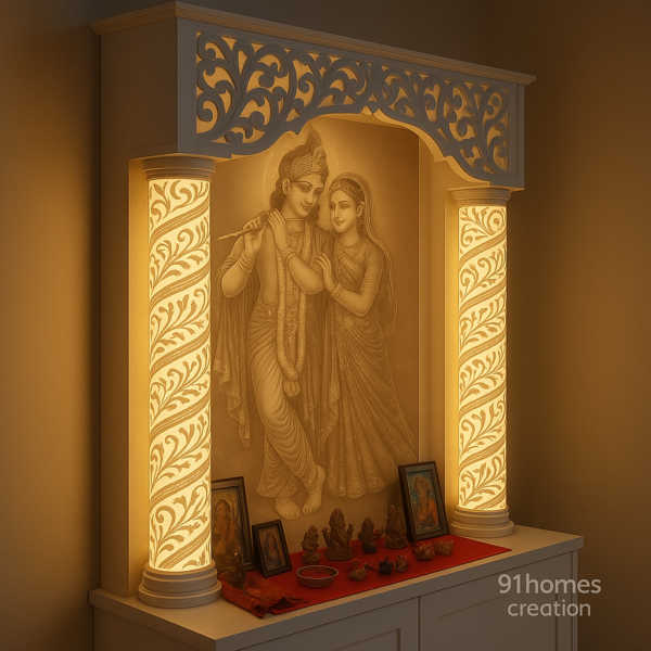 Side angle view of illuminated home pooja unit with golden glow and carved frame