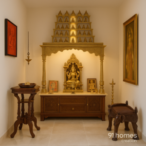 Golden temple unit with brass deity and traditional carved furniture