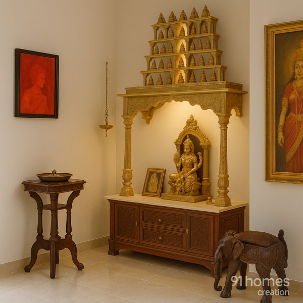 Side view of Hindu temple unit in teak wood finish with antique decor