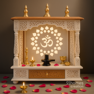 Side view of wooden pooja mandir with white finish, carved panels, and golden accents
