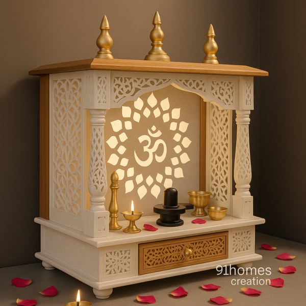 Square home temple with Om symbol, latticework side panels, and backlit floral pattern
