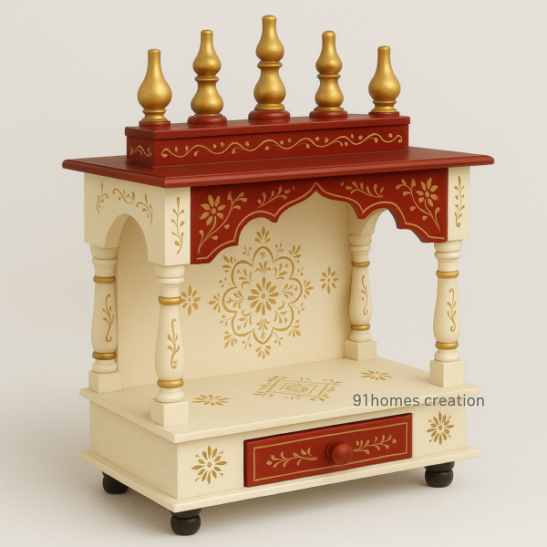 Handcrafted square temple for home with drawer, painted in matte finish red and ivory tones