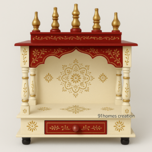 Cream and red wooden mandir with golden dome finials and floral carvings