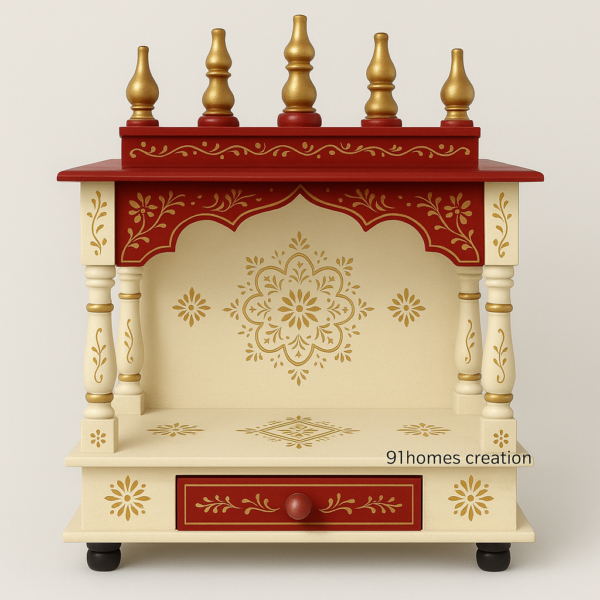 Cream and red wooden mandir with golden dome finials and floral carvings