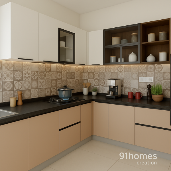 Modern modular kitchen with dual-tone cabinets, glass shutters, and under-cabinet LED lighting