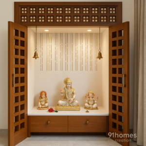 Modern wooden mandir with jaali doors and marble platform