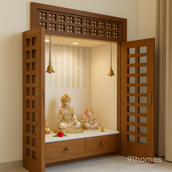 Teak finish pooja room with hanging bells and white back panel