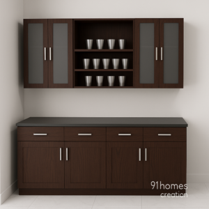 Dark Walnut Matte Crockery Unit with Frosted Glass & Drawers