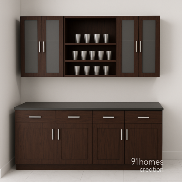 Dark Walnut Matte Crockery Unit with Frosted Glass & Drawers