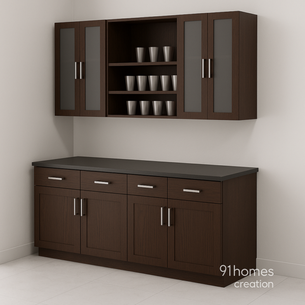 Square side-angle kitchen cabinet with drawers and upper frosted glass doors.
