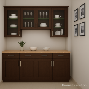 Dark Wood Crockery Unit with Glass Cabinets & Stone Top