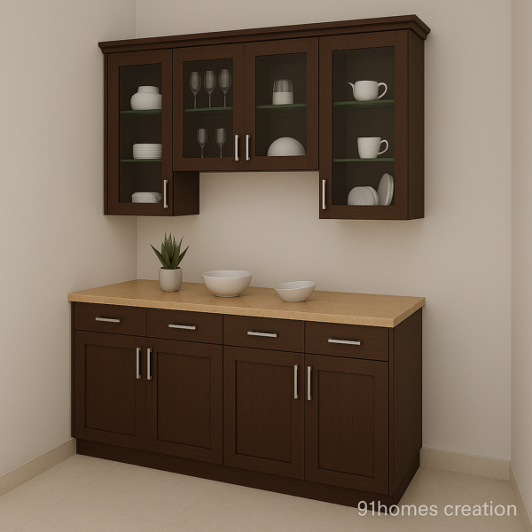 Modern wall-mounted crockery cabinet with sleek metal handles and glass shelves