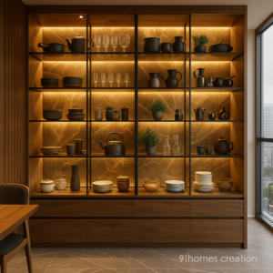 Dark Walnut Crockery Unit with LED Marble Back Panel