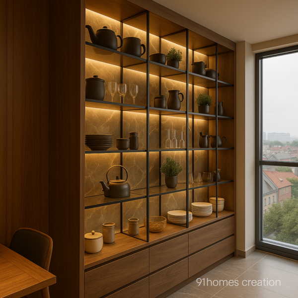 Luxury kitchen crockery display in marble and warm lighting finish