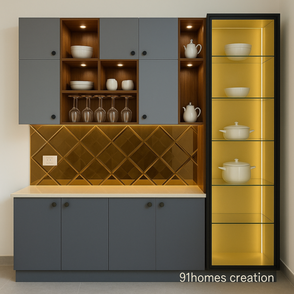 Matte Grey & Walnut Crockery Unit with Glass Display and LED