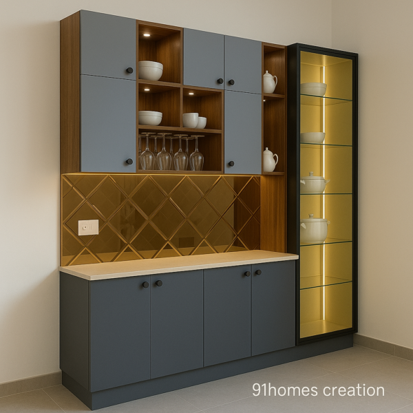 Matte grey modular kitchen cabinet with glass showcase and ceramic display