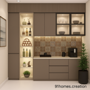 Taupe Matte Crockery Unit with LED Shelves and Patterned Backsplash