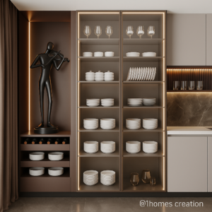 Matte Brown Crockery Unit with LED Glass Display & Wine Rack