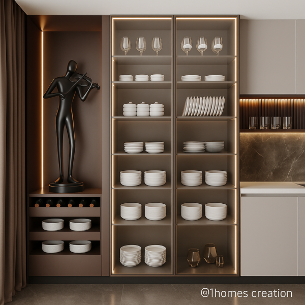 Matte Brown Crockery Unit with LED Glass Display & Wine Rack