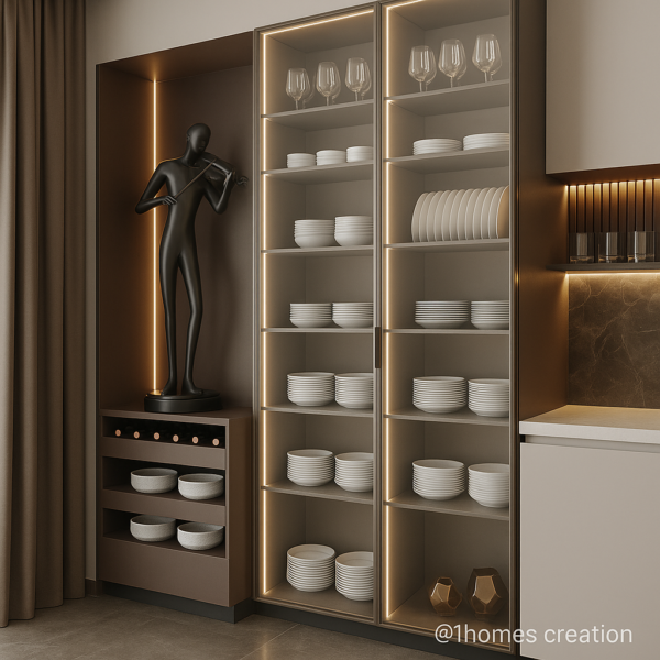 Contemporary kitchen crockery cabinet with wine rack, statue, and ceramic plates