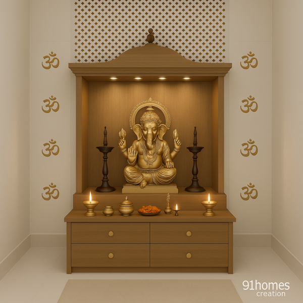 Square wooden mandir with LED lights and Om wall art