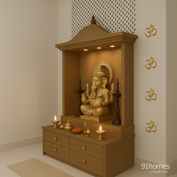 Side view of brown matte finish wooden mandir with brass lamps and carved canopy