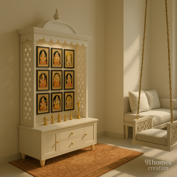 Square puja unit with swing seat and gold chain in minimalist ivory interiors.