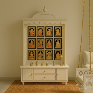 Wooden Mandir with Brass Accents, Tanjore paintings, and matte duco finish in a serene home setting.