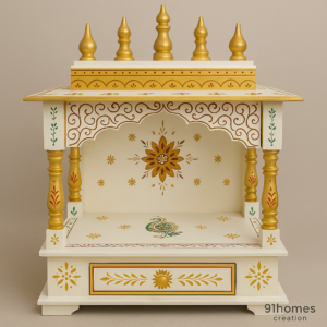 White and Gold Painted Wooden Mandir with golden domes and floral motifs