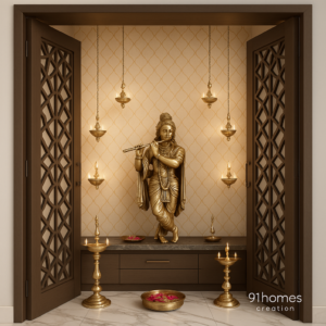Side view of Krishna mandir featuring brass idol and carved wooden jaali doors