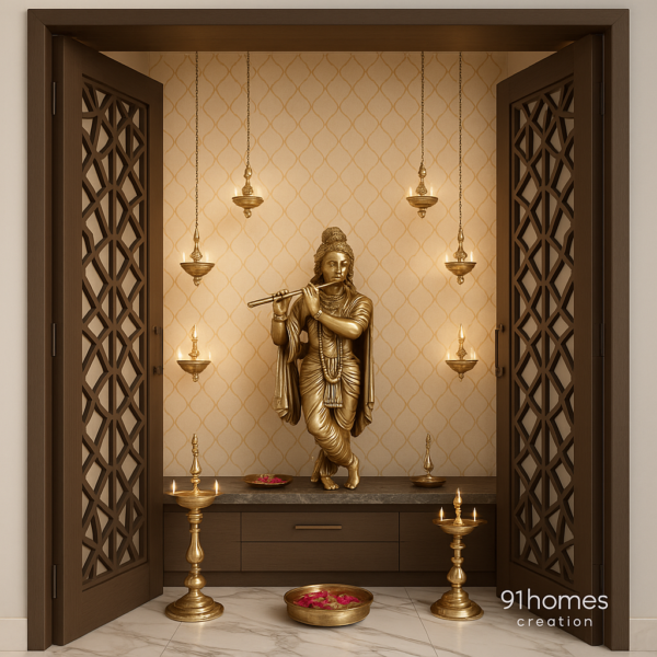 Side view of Krishna mandir featuring brass idol and carved wooden jaali doors