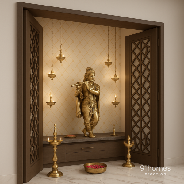 Golden Krishna pooja unit with hanging oil lamps and stone platform