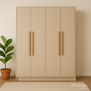 matte beige four door wardrobe with long wooden handles