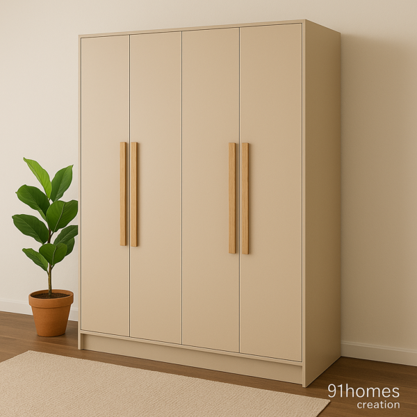 Modern engineered wood wardrobe in neutral beige with vertical oak handles