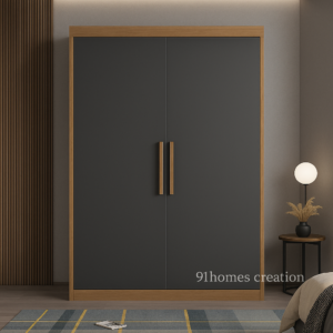 dark grey Two door wardrobe with oak wood frame and handles in a modern bedroom.
