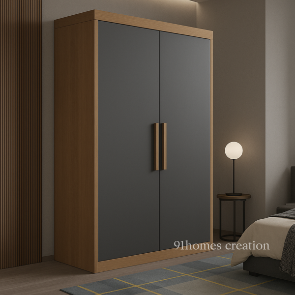 Side view of a freestanding engineered wood wardrobe with matte finish doors and vertical handles.
