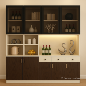 Walnut Matte Crockery Unit with Glass Top & LED Display