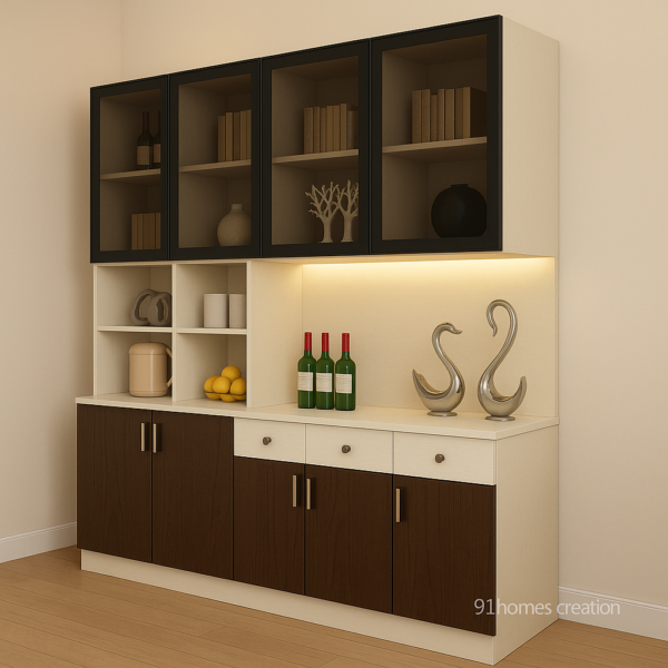 Elegant crockery unit with matte finish, wine storage, and decorative display shelves