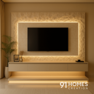 Serene Beam TV Console with ripple-textured back panel and LED glow