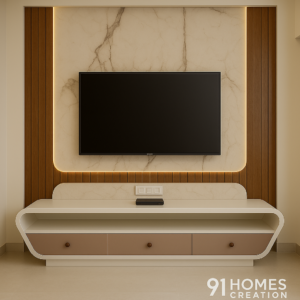 Contour Luxe TV Console with marble back panel and curved base