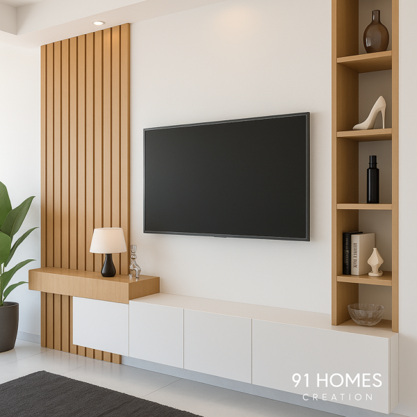 Wall-mounted Modern Slatted Edge TV Console with open shelf and ledge