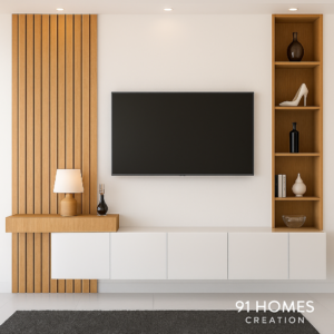 Modern Slatted Edge TV Console with white cabinets and vertical wood panel