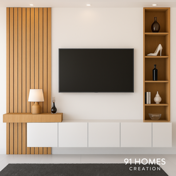 Modern Slatted Edge TV Console with white cabinets and vertical wood panel