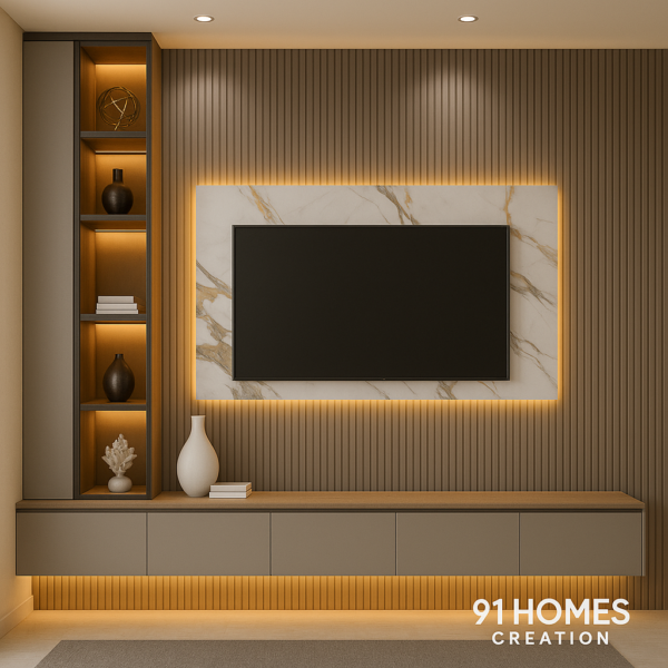 Modern Marble Panel TV Console with vertical fluted paneling
