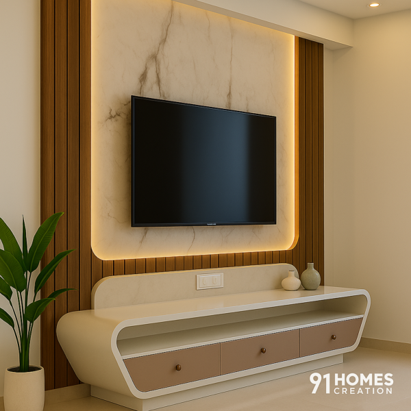 Wall-mounted Contour Luxe TV Console with warm LED lighting